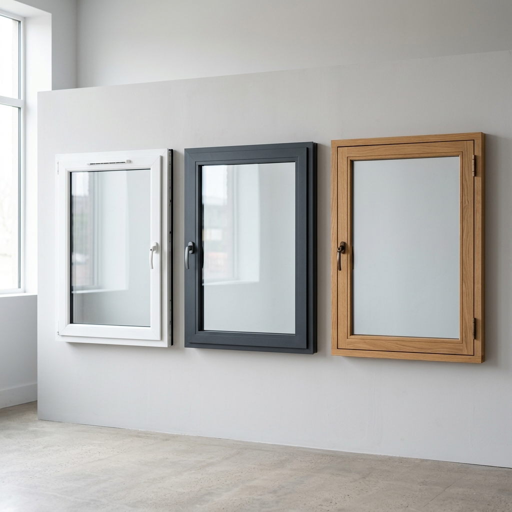 Trois profilés de fenêtre côte à côte : PVC blanc, alu gris anthracite et bois de chêne